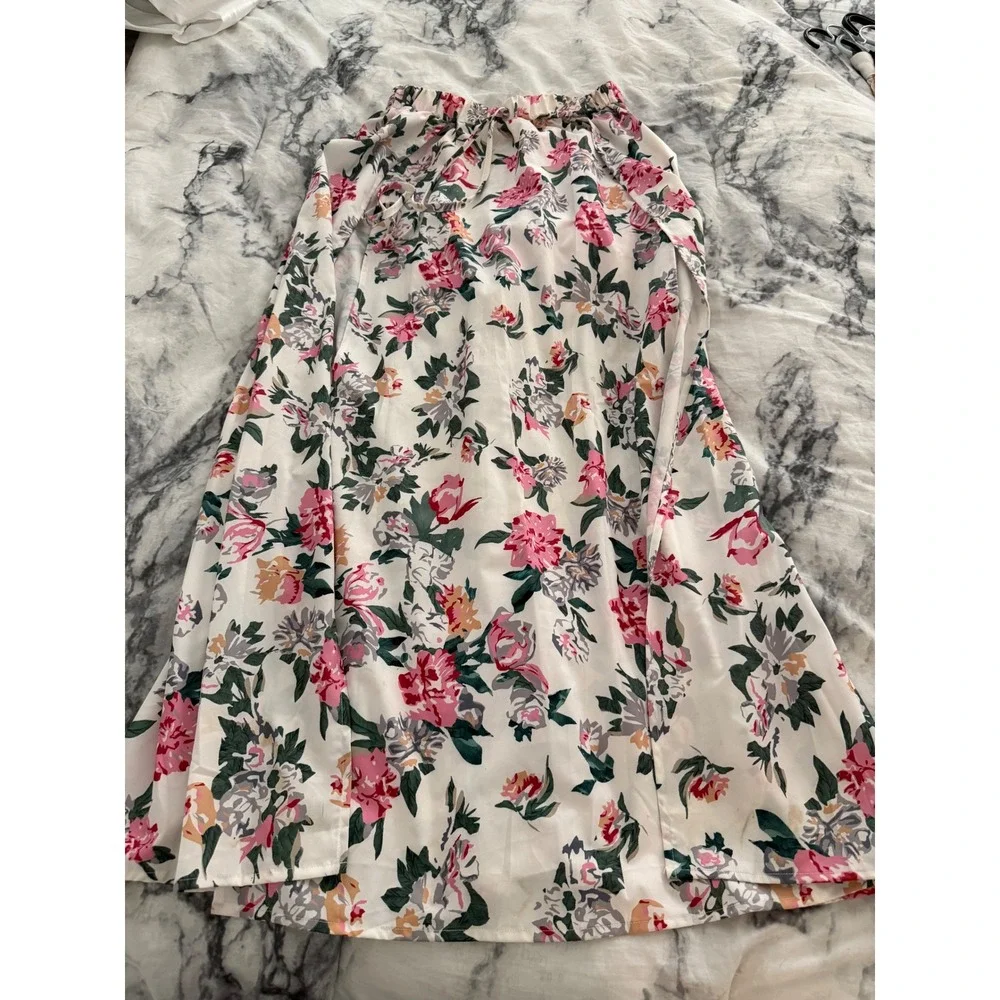 Floral Maxi Skirt White Pink Green Double Slit Beach CoverUp Vacation Skirt boho